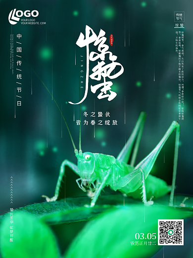 绿色春天清新二十四节气惊蛰雨水谷雨海报