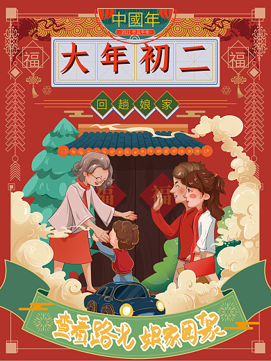 手绘初二回娘家年俗国风海报