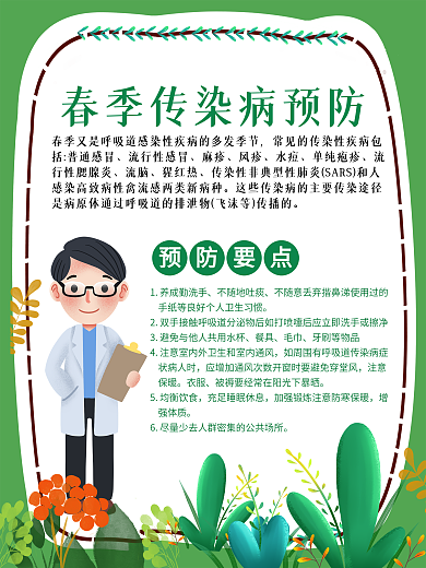 春季健康宣传海报小清新绿色背景卡通医疗图