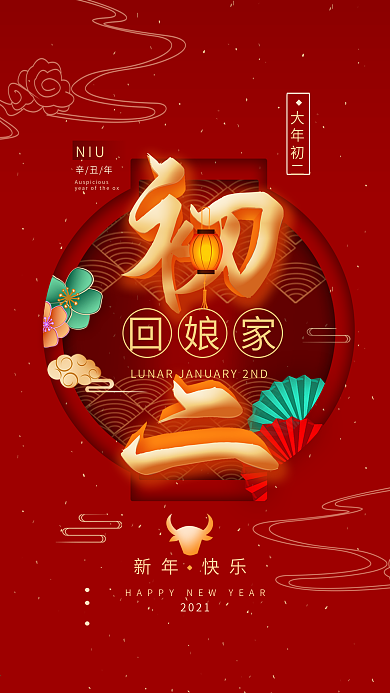 2021春节大年初二回娘家手机海报