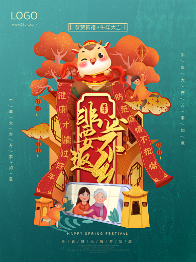 非必要不返乡春节线上拜年创意平安祝福海报