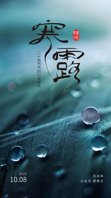 二十四节气简约大气寒露节气露珠手机海报
