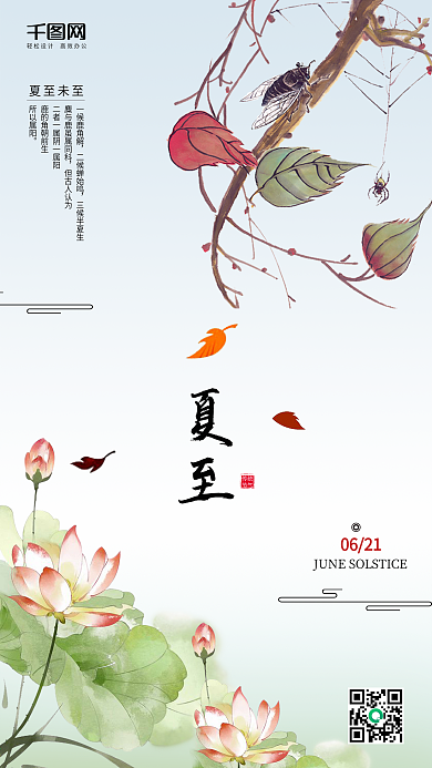 夏至传统二十四节气清新夏天荷花手机用图