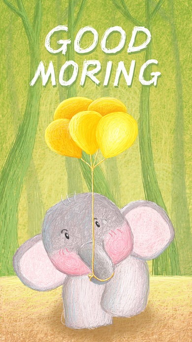 早安你好可爱小清新线圈风小象气球树林插画
