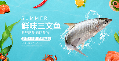 夏日促销新鲜三文鱼蓝色小清新背景海报