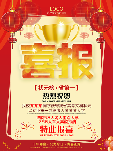 学校庆祝喜报高考大学光荣榜海报