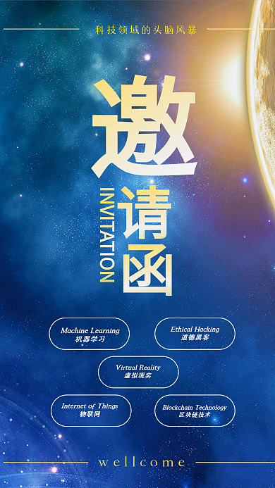 邀请函科技蓝色手机海报组图