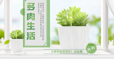 白色窗帘背景多肉生活促销抢购海报淘宝banner