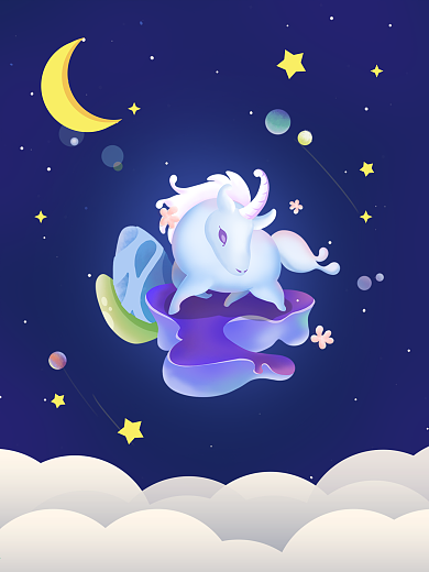 在月亮和星星的天空背景的独角兽