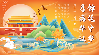 中国风国潮手绘中秋节国庆节双节宣传展板