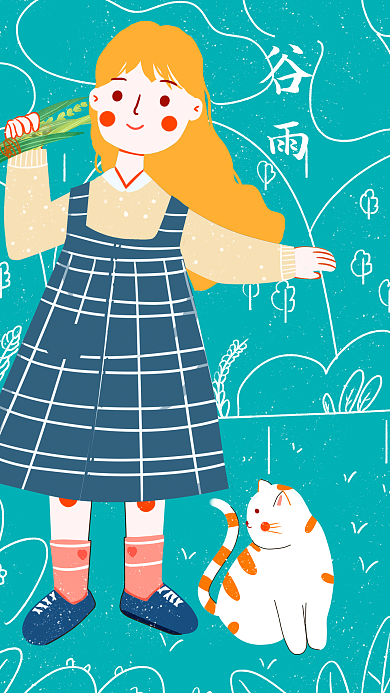 春天春分谷雨节日女孩和猫咪去稻田