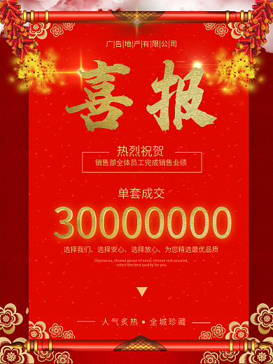 红色喜报地产销售荣誉表彰销冠红金喜庆