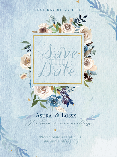 简约淡雅浅蓝色花朵婚礼海报邀请函设计模板