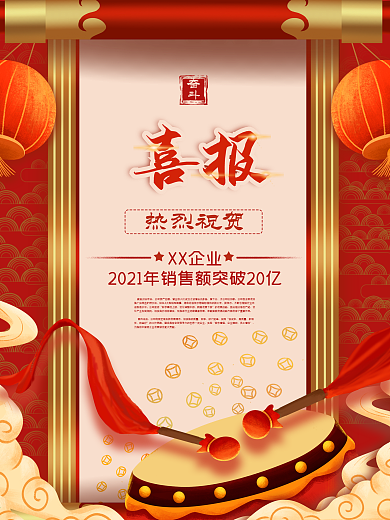 中国风红色喜报海报