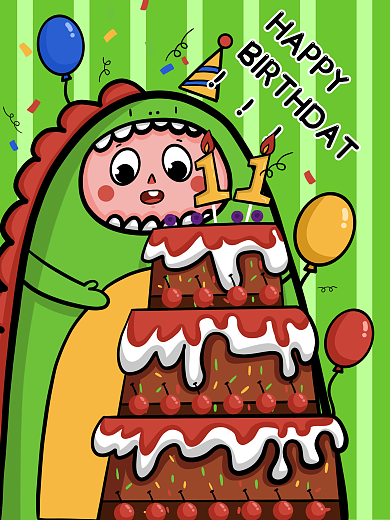 孩子穿恐龙服过生日原创手绘插画海报