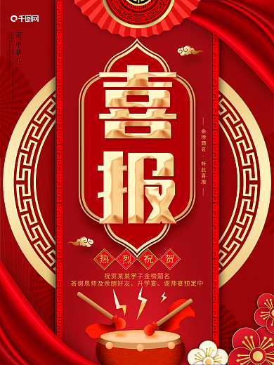 原创红色大气喜庆金榜题名喜报商业宣传海报