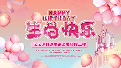 小清新宝宝宴生日快乐字梦幻城堡背景展板