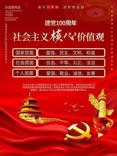建党100周年社会主义核心价值观党建海报