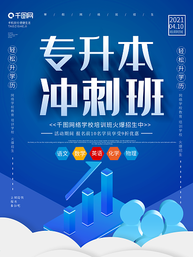 蓝色立体字专升本冲刺班专升本培训海报