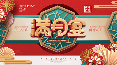 原创中国风宝宝生日宴满月宴背景展板