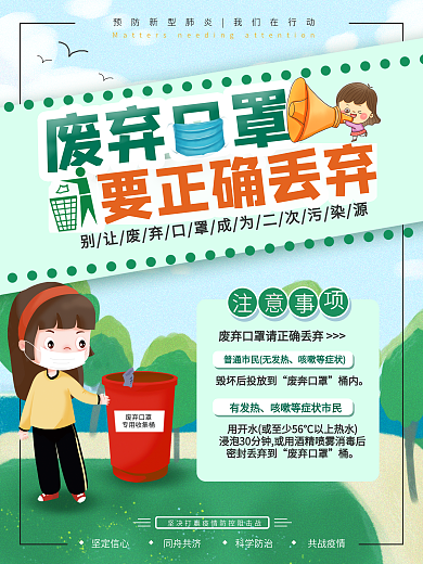 原创简约风废弃口罩集中处理点社区张贴海报