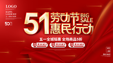 红色简约大气五一劳动节商场活动促销展板