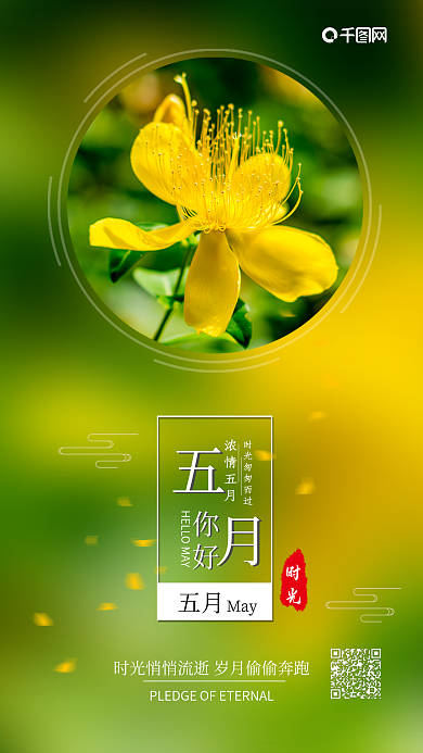 绿色小清新五月你好黄色花朵图
