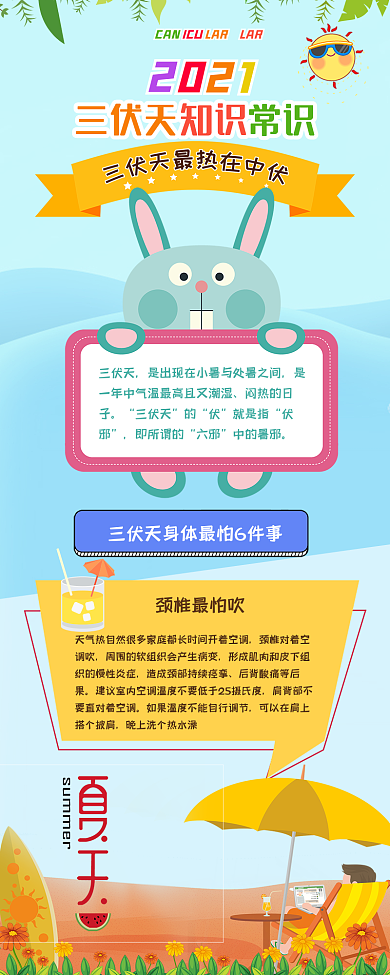 三伏天可爱卡通扁平风常识信息长图