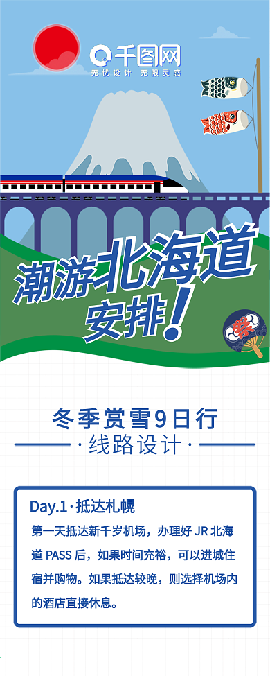 扁平风北海道旅游攻略信息长图H5