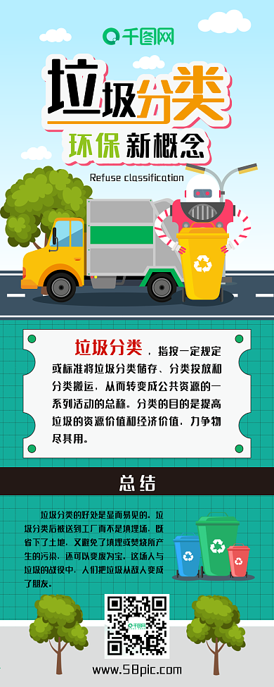 垃圾分类环保爱护环境扁平卡通可爱信息长图