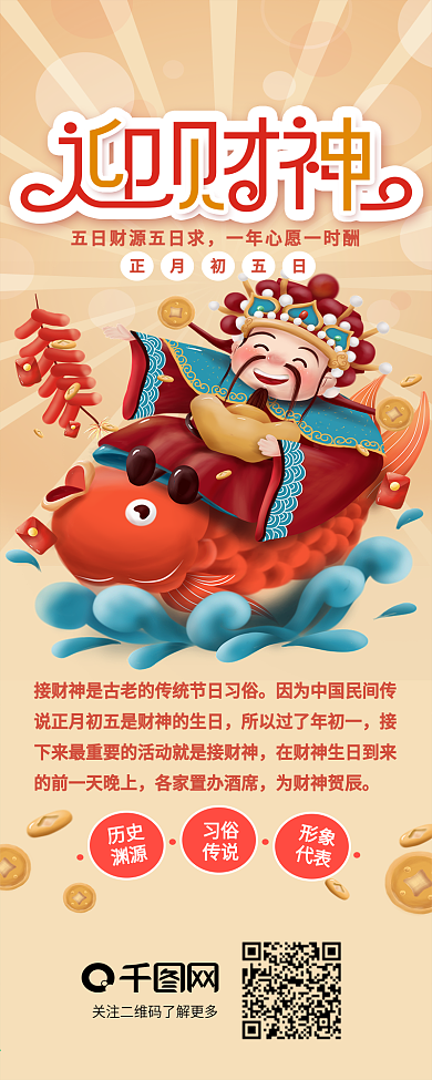 春节迎财神正月初五介绍信息长图