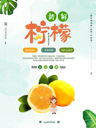 夏日小清新风格柠檬水果海报（原创手绘）