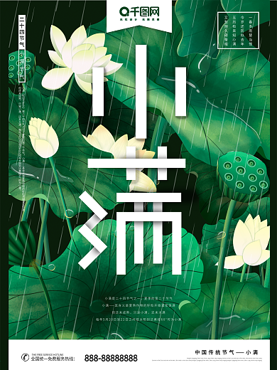 中国传统节日小清新夏季荷塘插画小满海报
