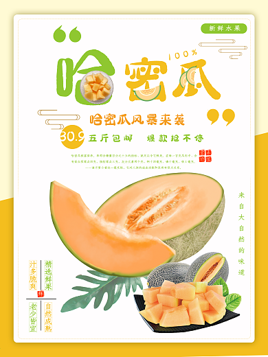 简约清新夏季水果哈密瓜促销海报