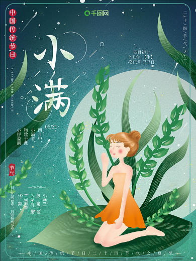 原创插画二十四节气梦幻夜色小满节日海报