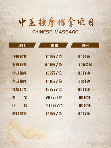 中医按摩推拿养生项目价格海报