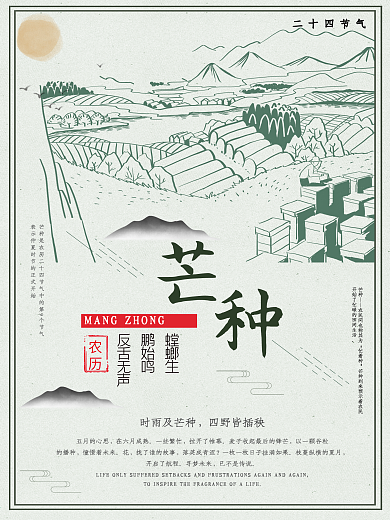 线描简约白色背景中国风芒种节气公益宣传展板