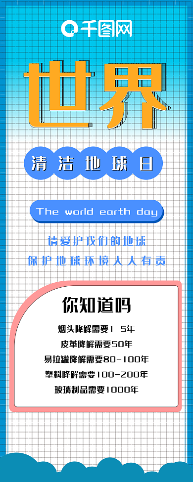 蓝色网格世界地球清洁日简约干货分享长图
