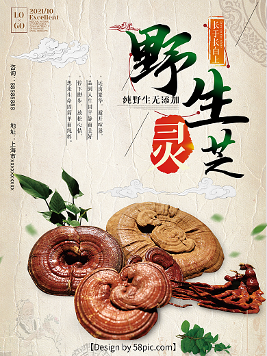 野生灵芝浅黄色古风促销海报