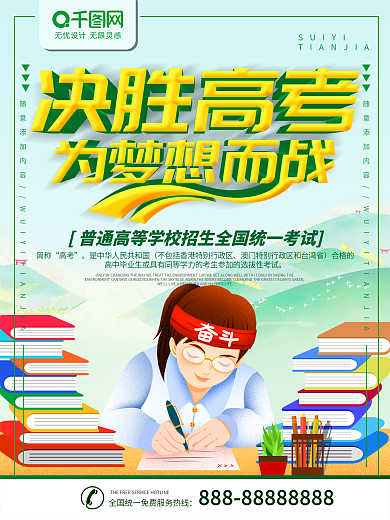 简约蓝绿色立体字决胜高考宣传海报