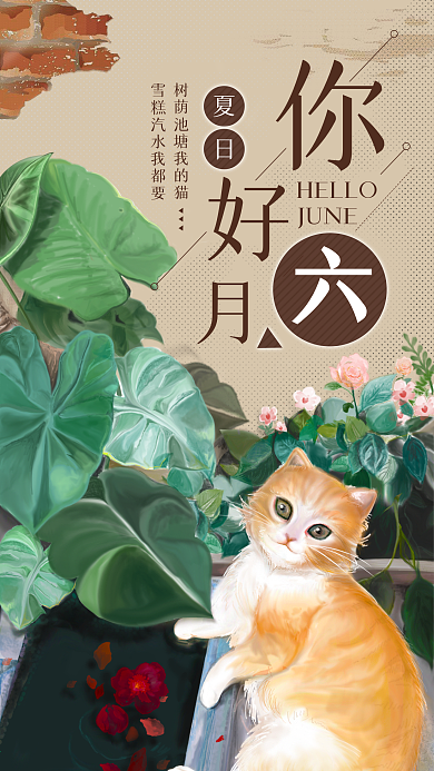 原创你好六月夏日院落猫咪海报