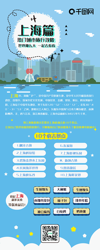 旅行攻略上海篇扁平风卡通可爱信息长图