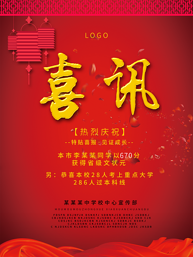 热烈庆祝高校高中考喜报红色海报设计