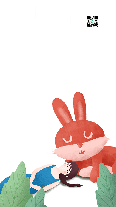 原创插画晚安你好草丛里的女孩与兔子