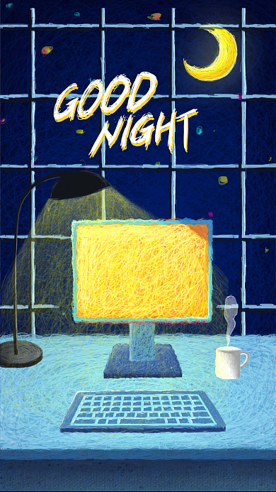 晚安你好唯美线圈办公加班插画