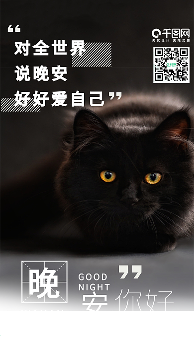晚安你好日签黑猫神秘手机海报