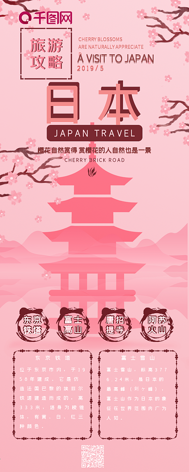 日本旅游攻略粉色唯美手绘背景信息长图