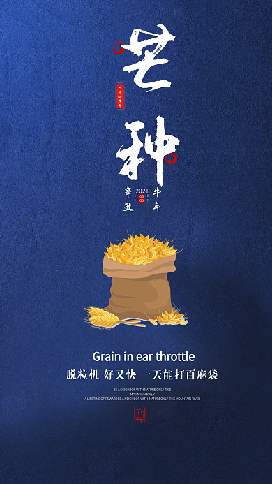 芒种节气简约大气蓝色手机海报模板