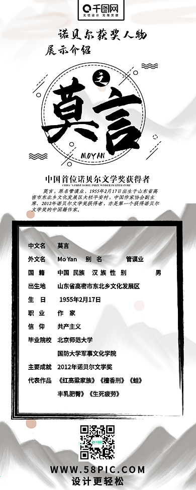 莫言诺贝尔文学奖获得者科普干货信息长图