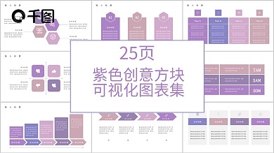 25页紫色创意方块可视化图表集PPT模板